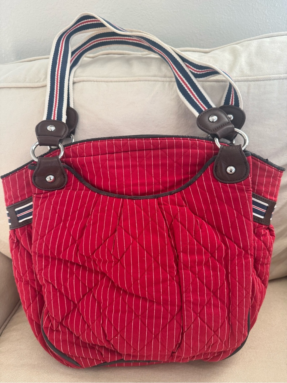 Vera Bradley Red Pinstripe Quilted Tote with Navy-Trim Straps